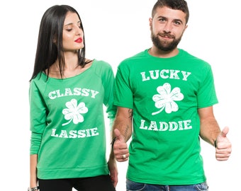 St Patrick's Day Couple Matching Green Tee Shirts French Terry Raw Edge St Patty Photoshoot Ideas Drinking Shamrock Shirts