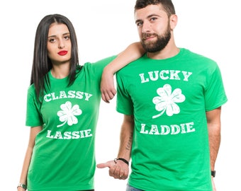 St Patrick's Day Couple Matching T-Shirts Funny Lucky Sign Shamrock Clover Green Tee Shirts