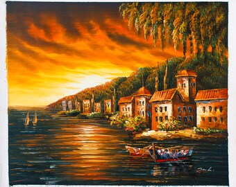 Seashore Village Sunset -- Original Oil Painting on Canvas -- 20 x 24