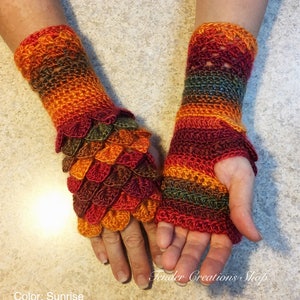 Dragon Scale Gloves, Fingerless Gloves, Dragon Gloves, Crocodile Gloves, Crochet Gloves, Arm Warmers Sunrise