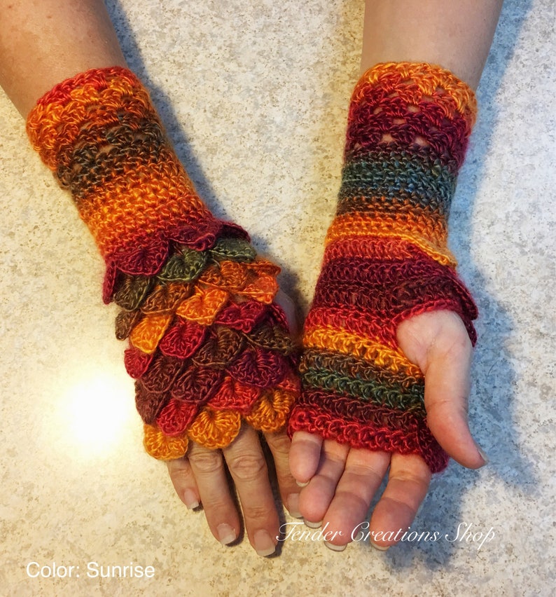 Dragon Scale Gloves, Fingerless Gloves, Dragon Gloves, Crocodile Gloves, Crochet Gloves, Arm Warmers Sunrise