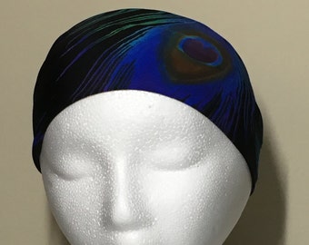 Peacock Running Spandex Headband - Running, Yoga, Pilates, Blue, Black, Peacock Feathers , Fitness Headband, Athletic Headband
