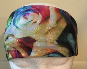 Shiny Rose Flower Headband - Glittery, Shiny, Gold, Flowers, Roses, Spandex Headband, Stretchy Headband, Exercise Headband, Floral