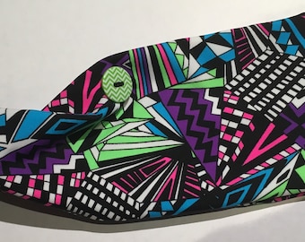 Headband with Buttons for Mask - Buttoned Headband, Nurse Headband, Doctor Headband, Geometric, Colorful, Stretchy, Spandex