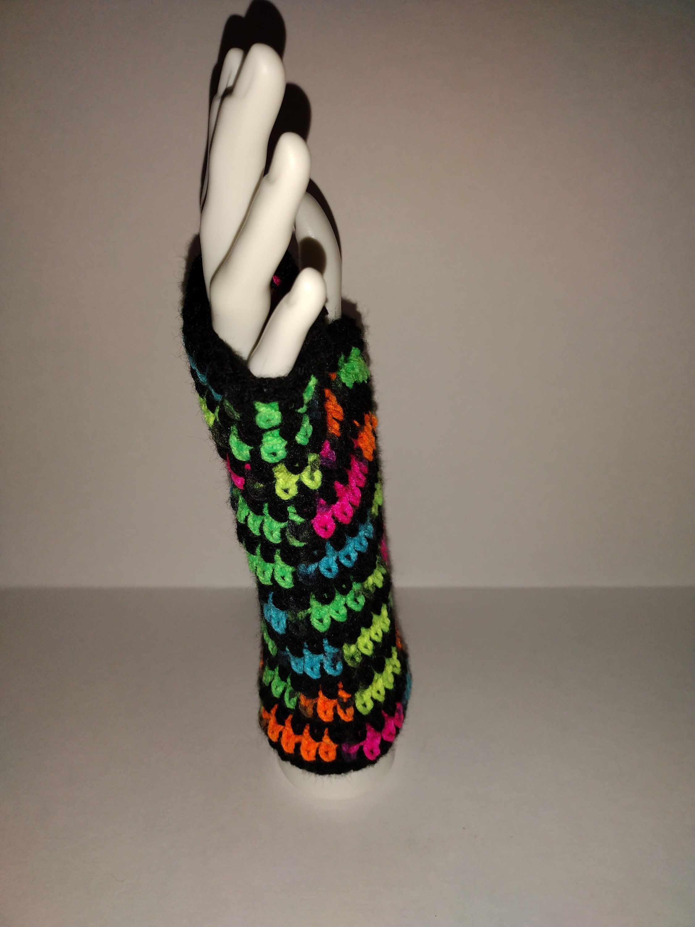 Pair of Crochet fingerless neon and black gloves - Thumbnail 4