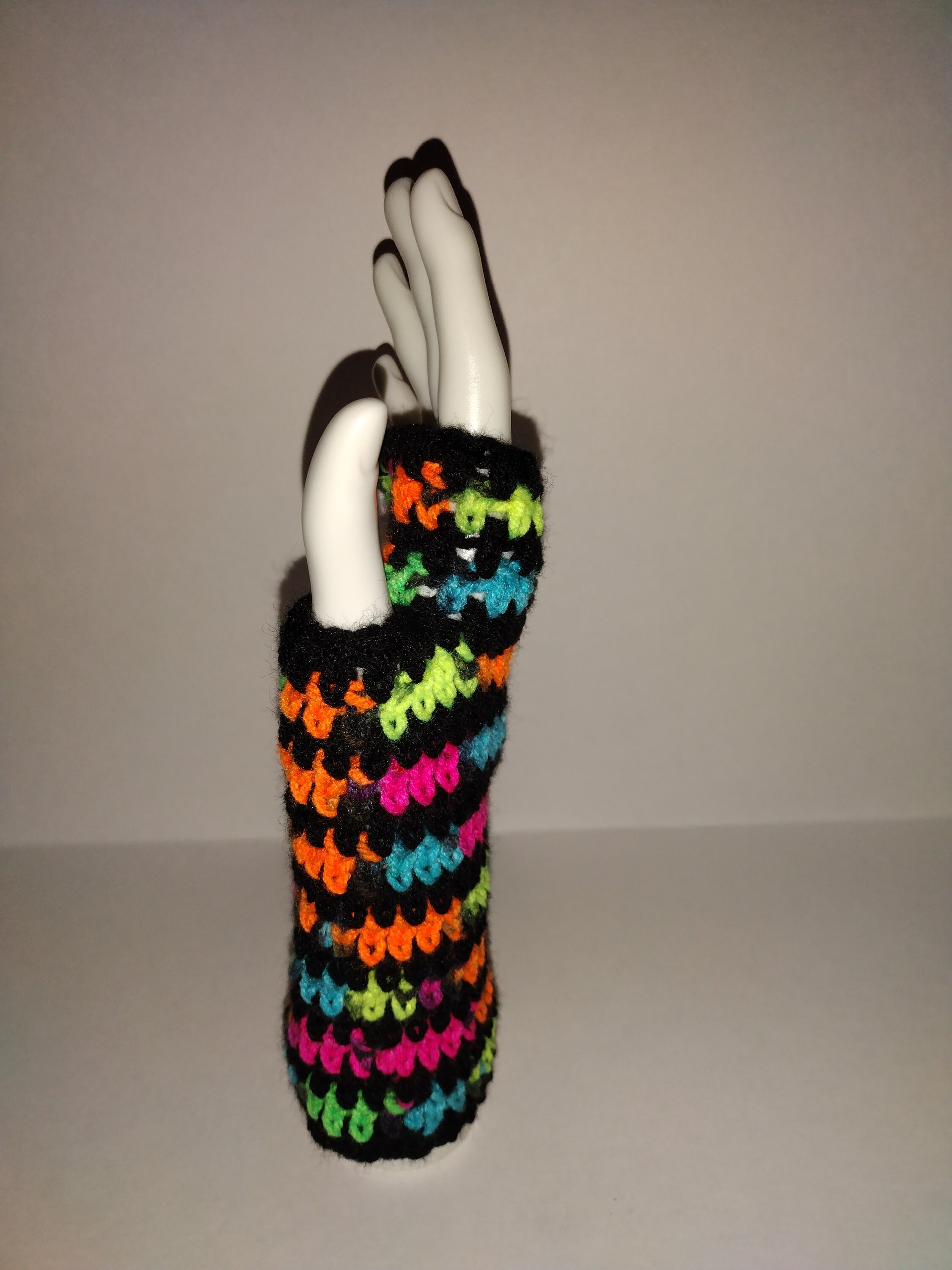 Pair of Crochet fingerless neon and black gloves - Thumbnail 2