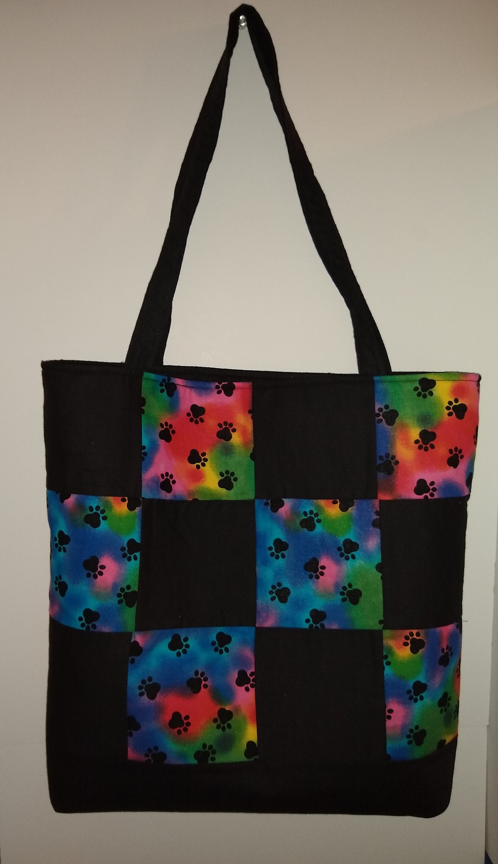rainbow paw prints quilted tote bag