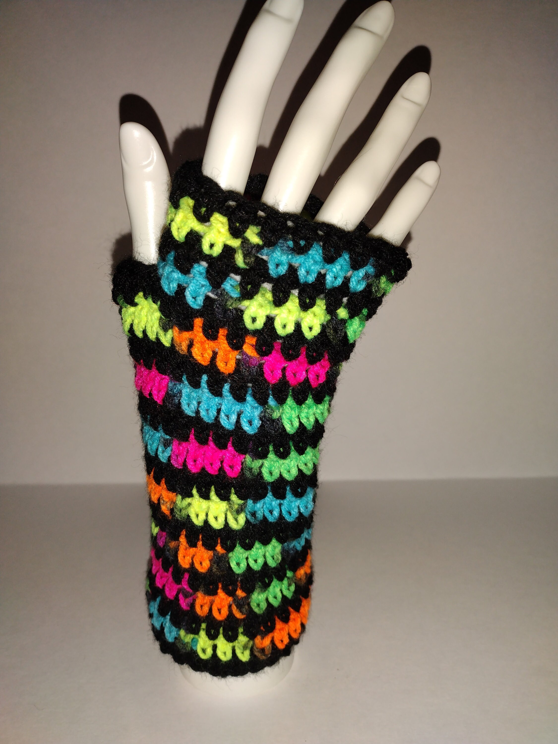 Pair of Crochet fingerless neon and black gloves - Thumbnail 3