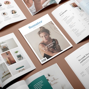 Puede incluir: Una portada de revista con el título "Saunter" y el texto "Lifestyle First". La portada presenta a una mujer con tatuajes que lleva un top negro sin mangas y mira a la cámara.