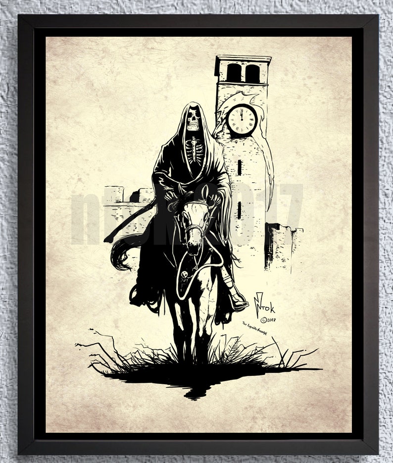 Grim reaper art print. Grim reaper clock. Tattoo art print. Etsy
