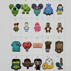 May include: Twenty colorful cartoon character shoe charms, including Mickey Mouse, Monsters Inc., Snow White, Alice in Wonderland, and more.  The charms are made of silicone and are approximately 1 inch in size.  The charms are sold out.