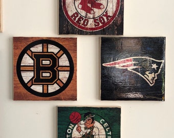 Boston Major Sports Wooden Sports Signs 5 Pack | Bruins | Pats | Celts | Sox | Revolution | Art | 10 x 10 | Gloss Finish