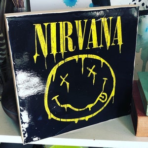 Nirvana Wooden Sign | 10&quot; x 10&quot; | Handmade | Wall Art | Nirvana Smiley | Art | Grunge | Sign for Home | Gloss Finish