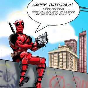 Carte d’anniversaire Deadpool imprimable | Intérieur drôle de licorne | Téléchargement numérique auto-imprimé