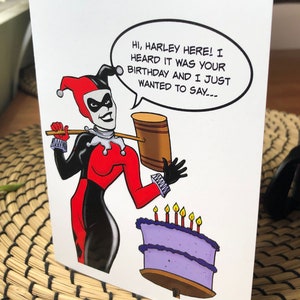 Cartão de aniversário clássico engraçado imprimível de Harley Quinn de <br> Entrega Rápida? Download digital