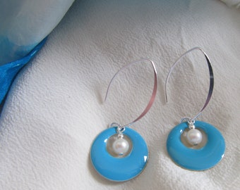 Turquoise/Blue Circles With White Fresh Water Pearl Drops Presented On Sterling Silver Ear Findings  Epoxy Silver Plated Brass With Sterling