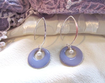 Lavender Circles Surround White Fresh Water Pearl Drops Presented On Sterling Silver Findings  Epoxy Silver Plated Brass Circles With Pearls