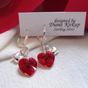 Heart to Heart Crystal Lever Back Earrings in Siam Red . Small Sterling Silver Hearts Nest With Crystals Hearts Earrings . Heart & Crystals