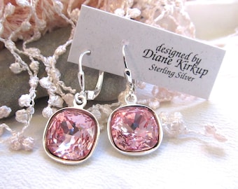 Light Pink Cushion Cut Crystal Earrings Presented On Sterling Silver Lever Back Findings - Light Pink Crystal Earrings On Sterling Findings