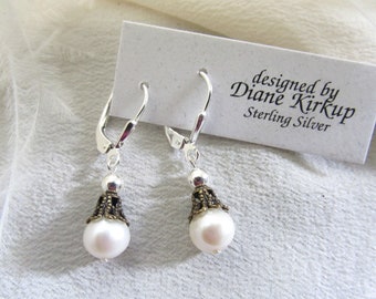 Fresh Water White Pearls Presented On Sterling Silver Lever Back Ear Findings Accented With Antique Brass Bead Caps - Pearl Earrings