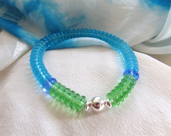 Summer Fun Bracelet Glass & Sterling With Sterling Silver Accent Stretch Over The Wrist Turquoise, Green With A Compliment Of Sapphire Blue