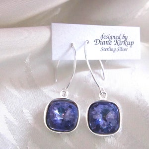Tanzanite Cushion Cut Crystal Earrings Presented On Sterling Silver Ear Findings -  Timeless & Elegant Tanzanite Crystal Drop Earrings