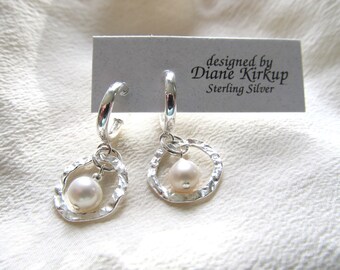 Fresh Water White Pearls Rest Within A Sterling Silver Hammered Circle - Post Sterling Silver Ear Findings - While Pearl Earring Drops