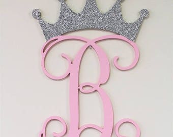 Single Decorative Crown Wall Letter - Nursery Letter - Wooden Monogram Initial - Glitter Crown Letter - Nursery Decor - Wall Hanging Letter