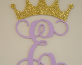 Princess Crown Monogram Cutout, Single Letter with Princess Crown, Glittered Crown Letter, Princess Nursery Decor, Decorative Wall Letter