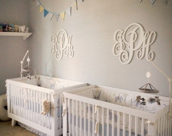 Twin Nursery Decor Painted Wooden Monogram baby Nursery Project Sign for above crib - Wooden Monogram Wall Hanging 22" x 26"