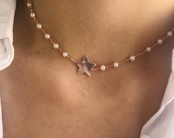 Croker necklaces with rosary chains and star pendants in 925 silver rose gold plated