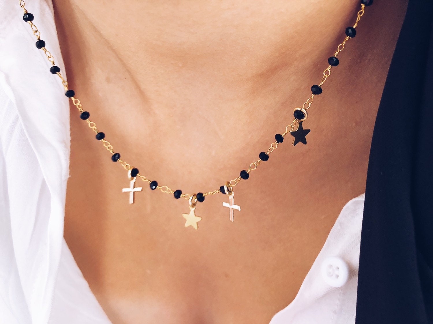 Necklace with brass rosary chain mini stars and mini crosses - Etsy