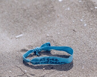As free as the ocean - Hand-embroidered cotton ribbon bracelets and 925 silver wave