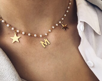 Croker necklaces with rosary chain with stars and brass initial