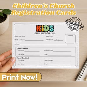 May include: A white rectangular paper form titled Kids Church Registration Cards with fields for child name, age, date of birth, address, and allergies, plus sections for two parents or guardians including name, phone number, and email address.