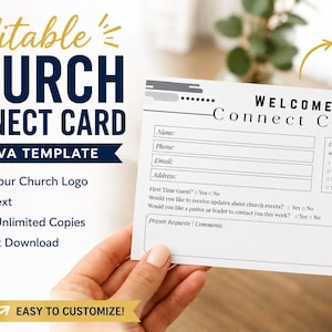 May include: A white rectangular church connect card template featuring black text with fields for name, phone, email, address, and prayer requests. The design includes a section for church logo placement and checkboxes for ministry information and event updates.