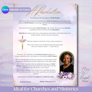 May include: A memorial resolution template featuring a soft purple and white watercolor background with gold decorative borders. It includes placeholders for text, a gold cross, and a photo frame with a portrait of a smiling person.