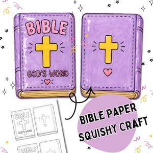 Puede incluir: Dos manualidades tipo squishy con temática bíblica, de color morado con cruces amarillas y corazones rosas. Una incluye el texto BIBLE GOD'S WORD. Debajo, una plantilla imprimible en blanco y negro muestra los contornos de estos diseños.