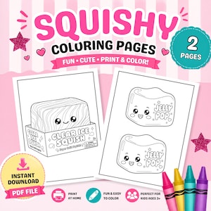 May include: Two printable coloring pages featuring black and white line art of cute squishy characters. One page shows a block labeled CLEAR ICE SQUISH, and the other shows two JELLY POP characters. The design includes pink accents and stars.