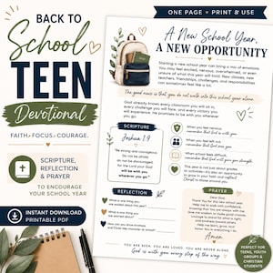 Pode incluir: Uma página devocional imprimível para adolescentes intitulada A New School Year, A NEW OPPORTUNITY. Inclui uma ilustração de mochila, a escritura de Josué 1:9, perguntas de reflexão e uma seção de oração com detalhes em texto verde e azul marinho.