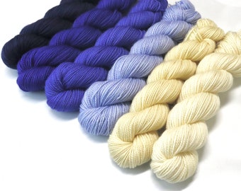 Gradient in Fingering Coastside 6 Color Yarn Set Mini 33's in Creamy yellows, Periwinkle Blues, Violet and Navy