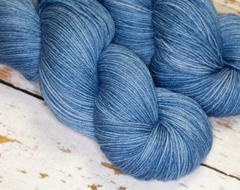 Hand Dyed KM Fingering Sock Yarn Superwash Merino Wool Nylon in Blue Jean Blue