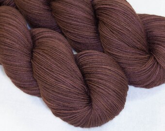 Hand Dyed KM Fingering Sock Yarn Superwash Merino Wool Nylon in Dark Chocolate Brown.