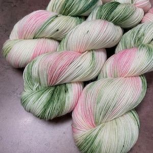 Speckled Hand Dyed Yarn KM Fingering Sock Superwash Merino Wool Nylon in Soft Pink and Green