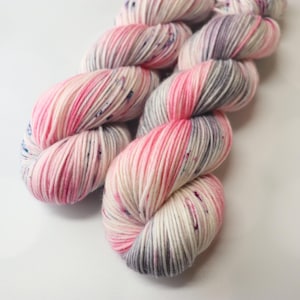 Hand Dyed, Speckled Yarn, DK weight, Superwash Merino Wool Nylon in Pink, Mulberry and Gray