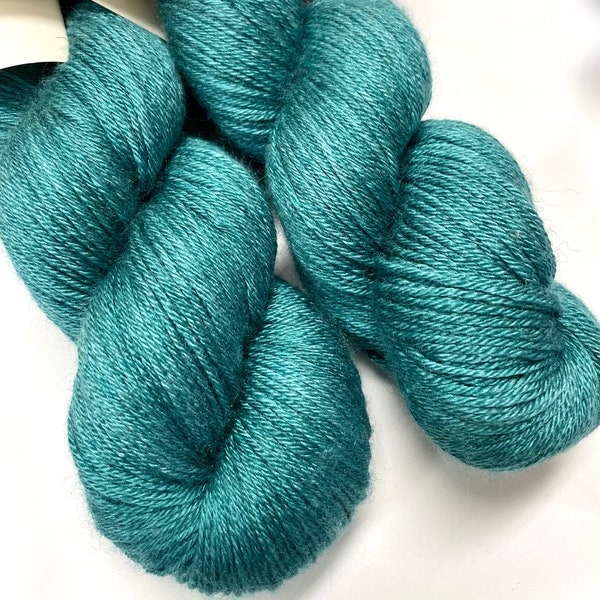 Hand Dyed Silk BFL Wool Fingering Yarn in Deep Blue Green