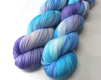 Hand Dyed KM Fingering Sock Yarn Superwash Merino Wool Nylon in Blues and Purple