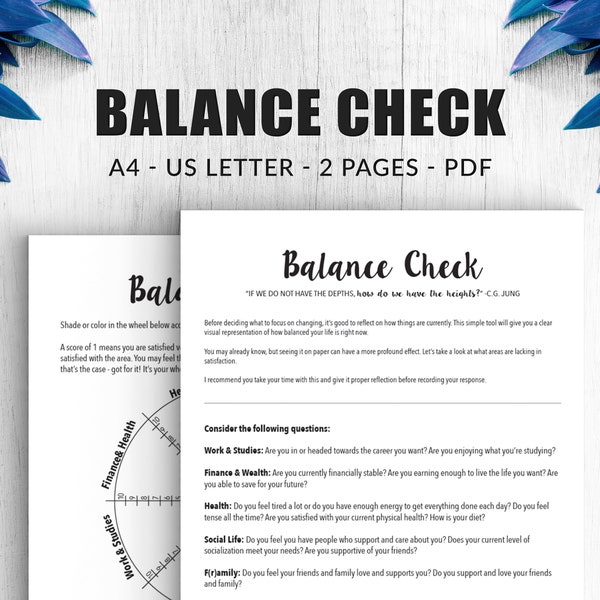 Balance Check | Life Balance Wheel | Self Improvement Printables | Self Care Planner Pages | Letter & A4 PDF Self Awareness Activities