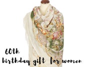 60th birthday gifts for women, Russian Pavlovo Posad white wool floral shawl