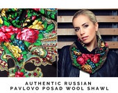 Russian Pavlovo Posad black vintage babushka shawl kerchief for women size 35 quot , Square wool wrap scarf with fringe, Red roses folk shawl